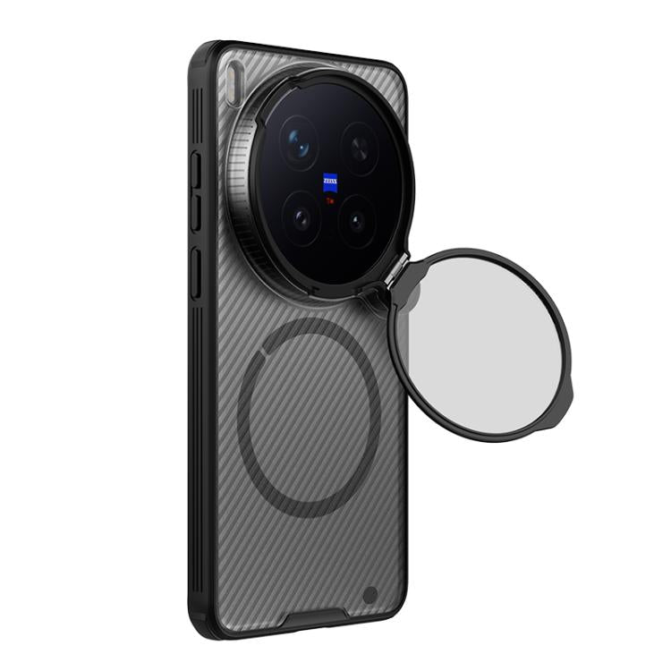 Gray carbon-texture phone case with flip lens cover and round magnetic attachment