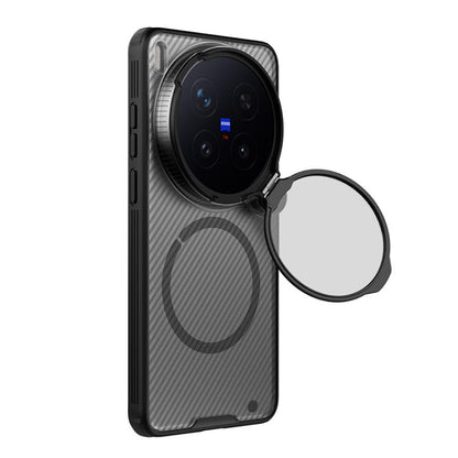 Gray carbon-texture phone case with flip lens cover and round magnetic attachment