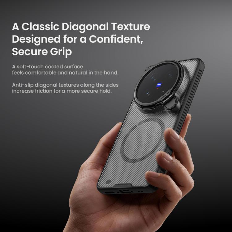 Gray carbon-texture phone case with slim diagonal grip and camera lens cover