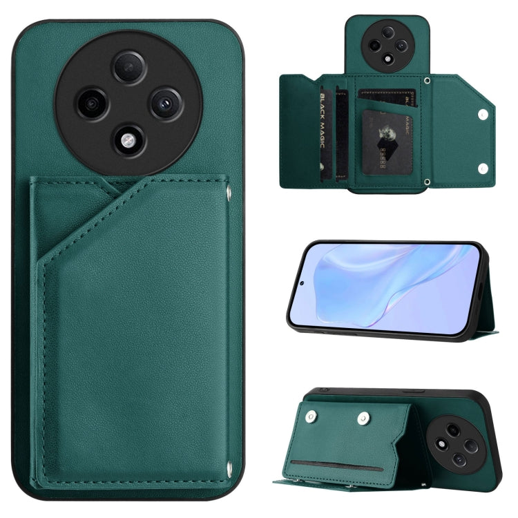 Teal green skin-feel wallet phone case with four card slots and wrist strap