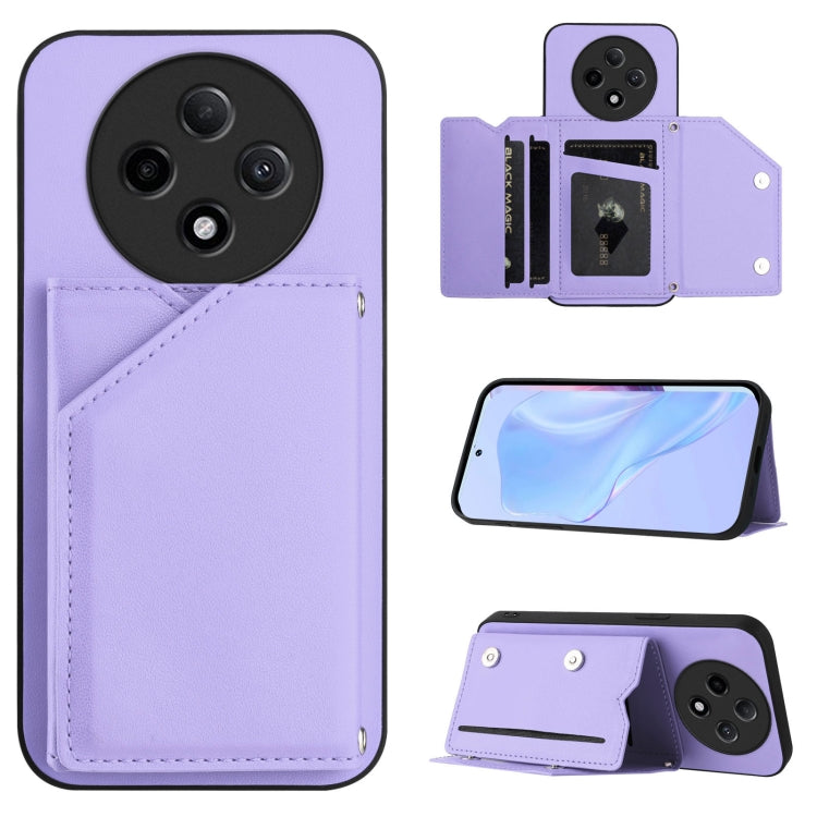 Purple phone case with card slots and wrist strap, folio flap with stand