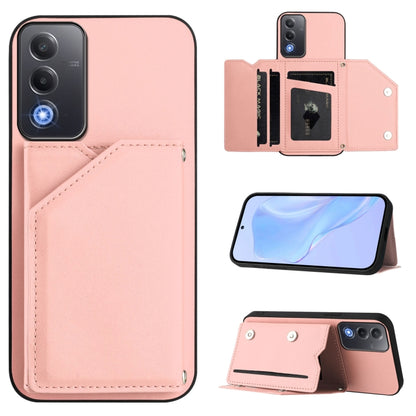 Pink leather-look phone case with four card slots and wrist strap, front pocket view