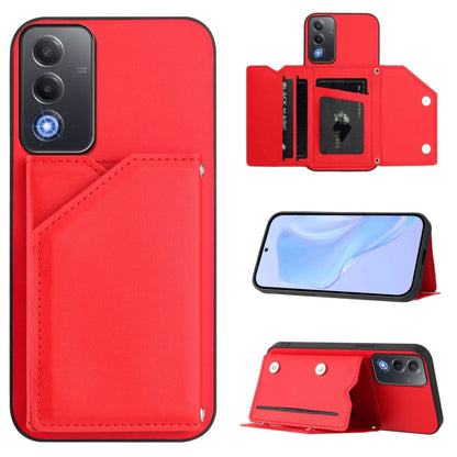 Red leather-look phone case with four card slots and wrist strap, front pocket view