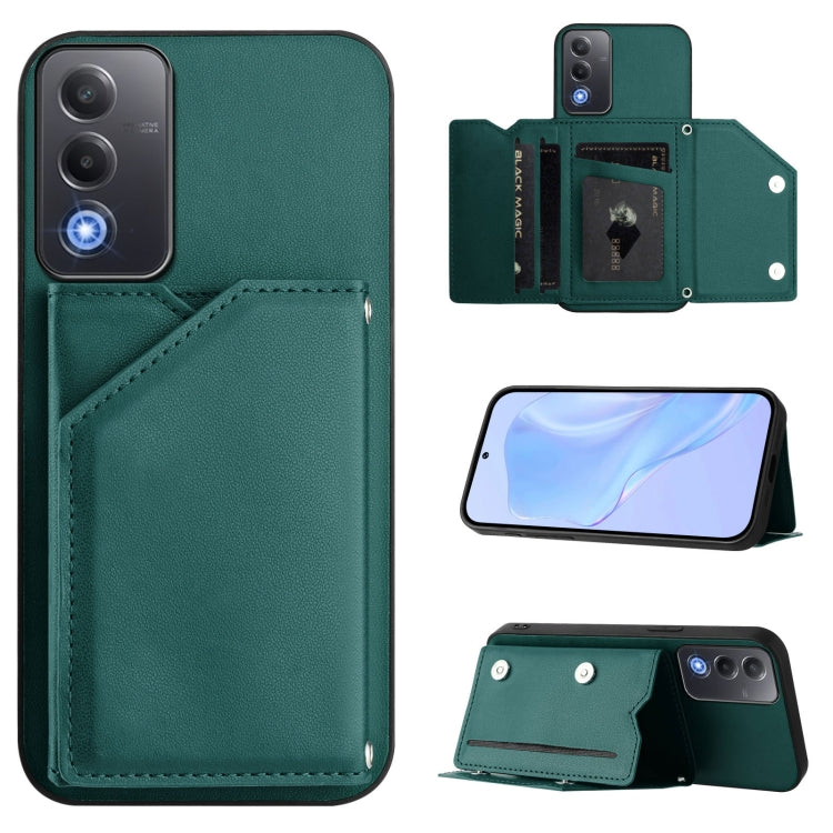 Green leather-look phone case with four card slots and wrist strap, front pocket view