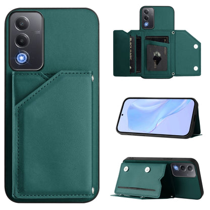 Green leather-look phone case with four card slots and wrist strap, front pocket view