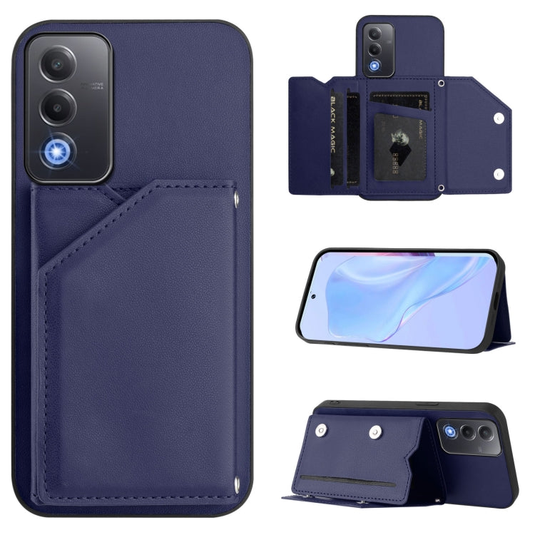 Dark blue leather-look wallet phone case with four card slots and wrist strap, open