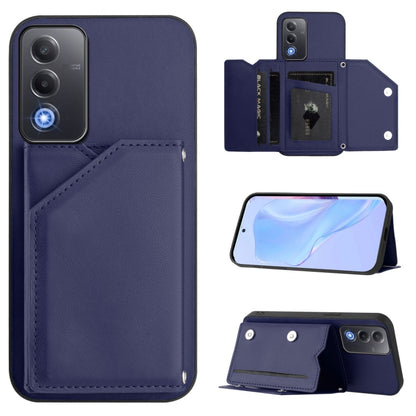 Dark blue leather-look wallet phone case with four card slots and wrist strap, open