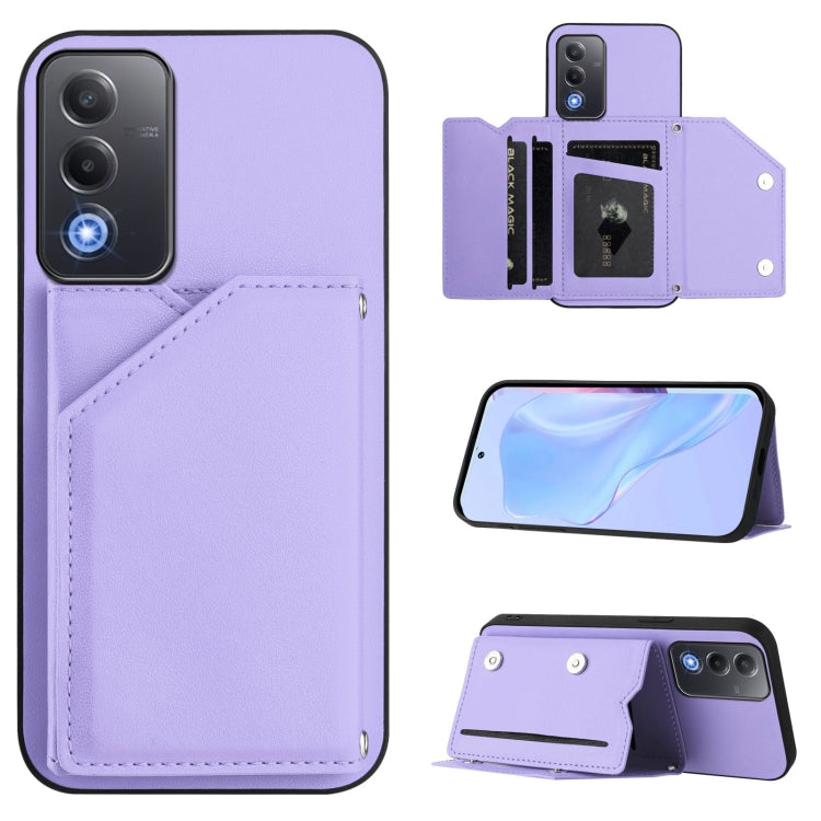 Light purple leather-look wallet phone case with four card slots and wrist strap, open