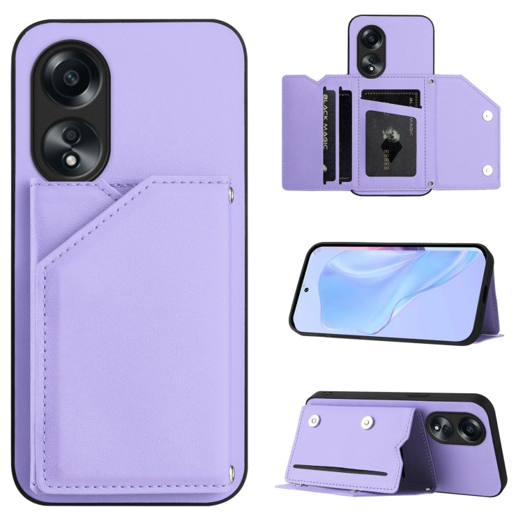 Purple phone case with four card slots and wrist strap, folio style