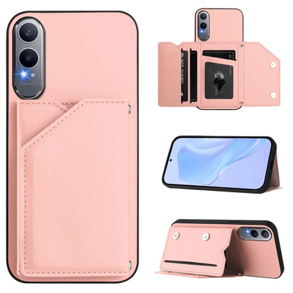 Skin Feel phone case with four card slots and wrist strap, rose pink leather-style cover