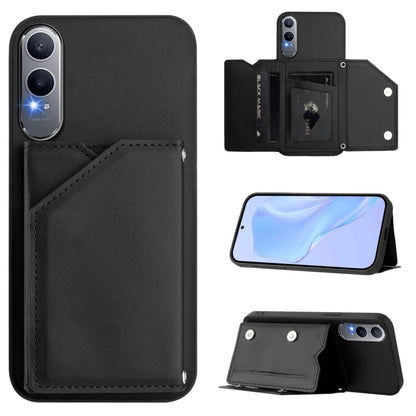 Skin Feel phone case with four card slots and wrist strap, black leather-style cover