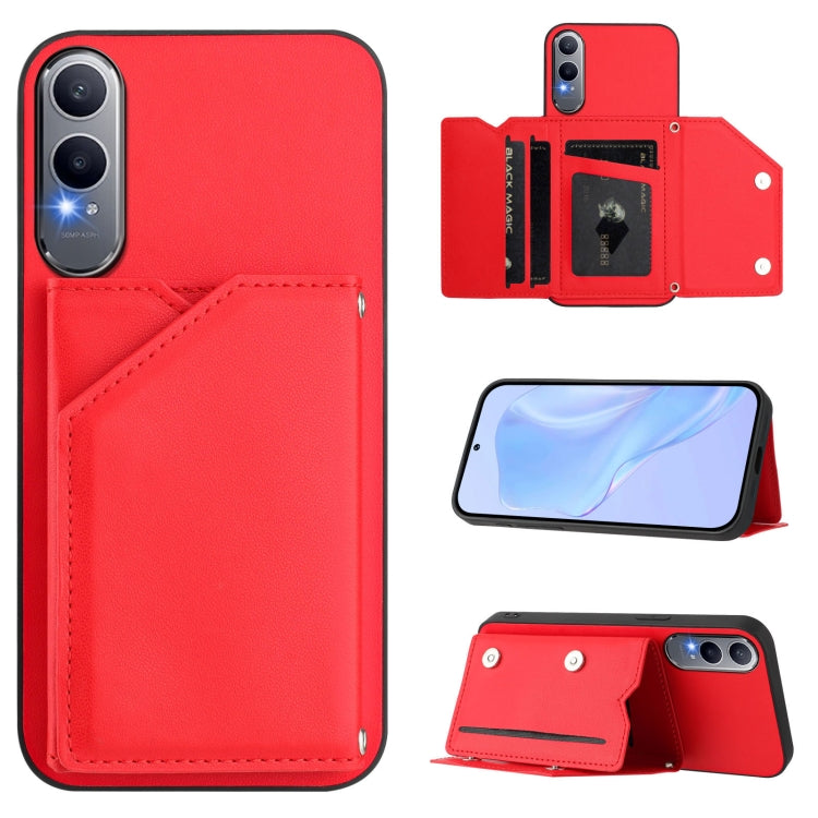 Skin Feel phone case with four card slots and wrist strap, bright red leather-style cover
