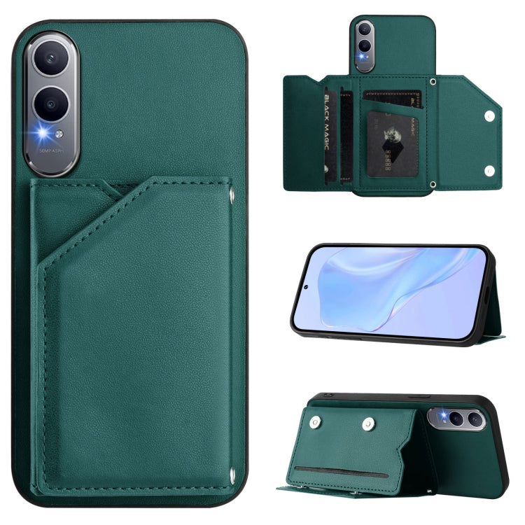 Skin Feel phone case with four card slots and wrist strap, teal green leather-style cover