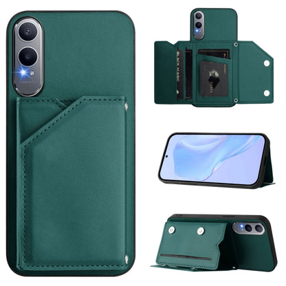 Skin Feel phone case with four card slots and wrist strap, teal green leather-style cover