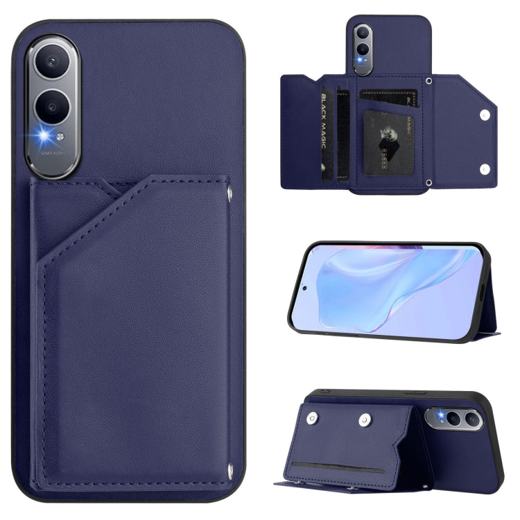 Blue leather-look phone case with four card slots and wrist strap, front pocket view