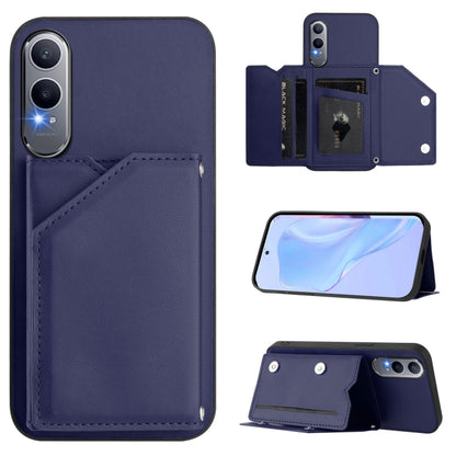 Blue leather-look phone case with four card slots and wrist strap, front pocket view