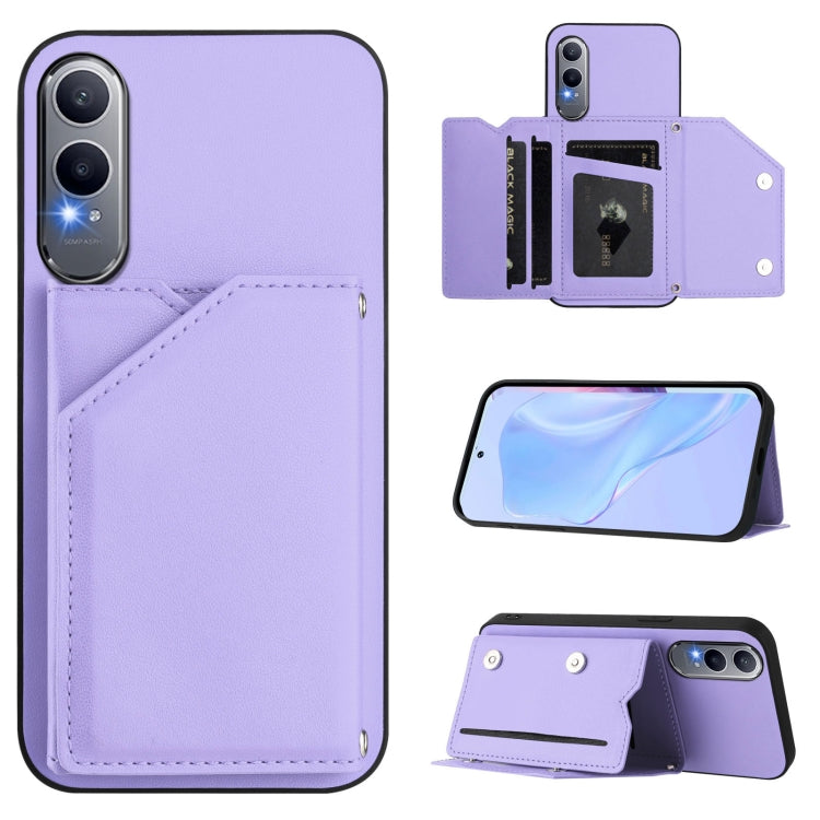 Lavender leather-look phone case with four card slots and wrist strap, front pocket view
