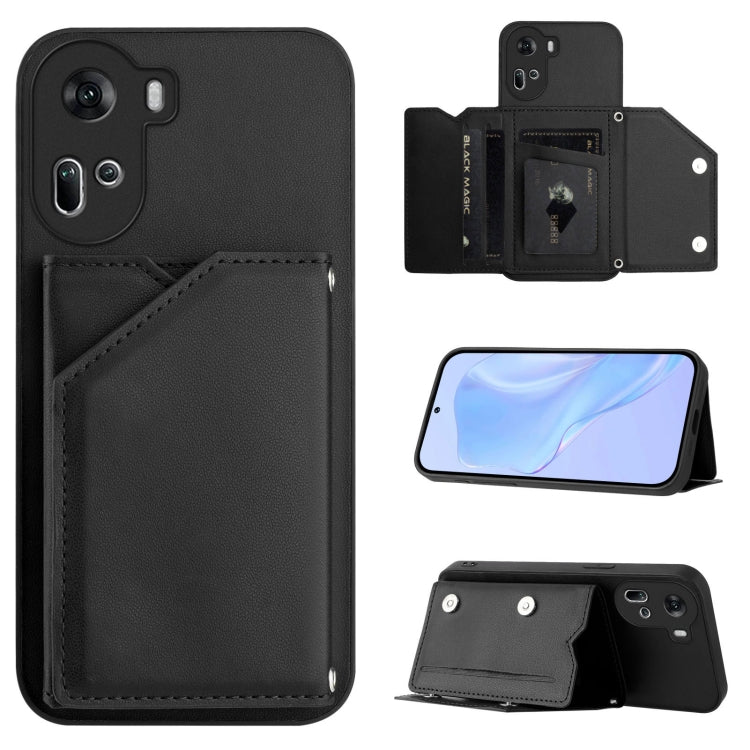 Black phone case with card slots and wrist strap, folio flap and stand view