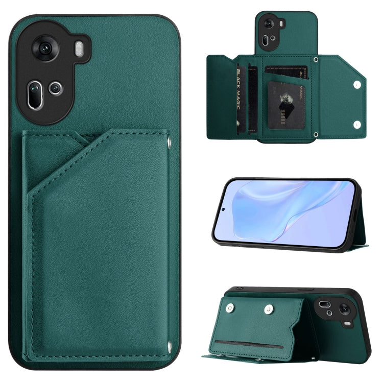 Green phone case with card slots and wrist strap, flip wallet cover