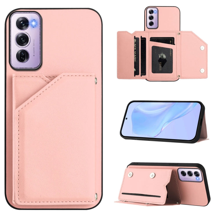Peach pink leather-look wallet phone case with four card slots and wrist strap, open
