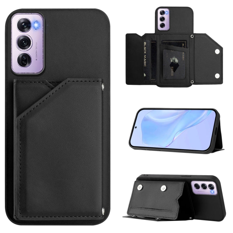 Black leather-look wallet phone case with four card slots and wrist strap, open