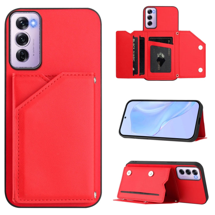 Red leather-style phone case with wrist strap and four card slots