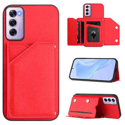 Red leather-style phone case with wrist strap and four card slots