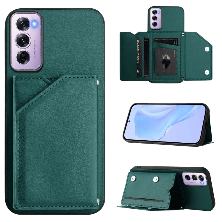 Green leather-style phone case with wrist strap and four card slots