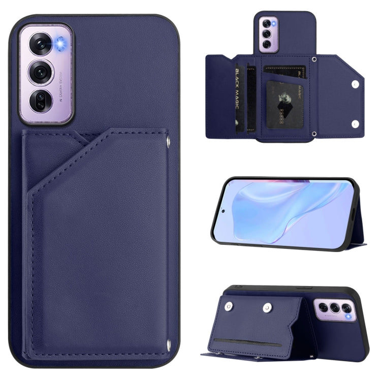 Navy leather-style phone case with wrist strap and four card slots