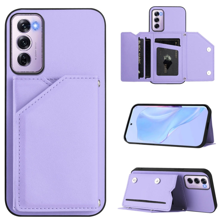 Purple leather-style phone case with wrist strap and four card slots