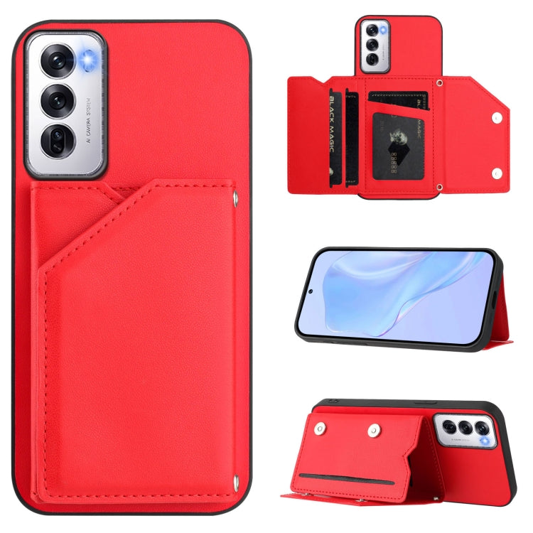 Red leather-style phone case with wrist strap and four card slots