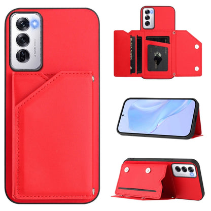 Red leather-style phone case with wrist strap and four card slots