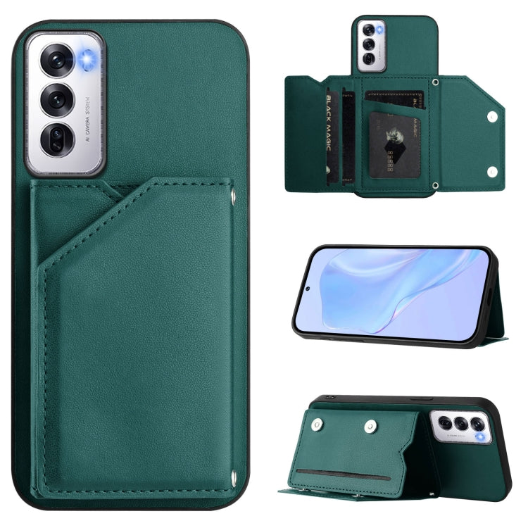 Green leather-style phone case with wrist strap and four card slots