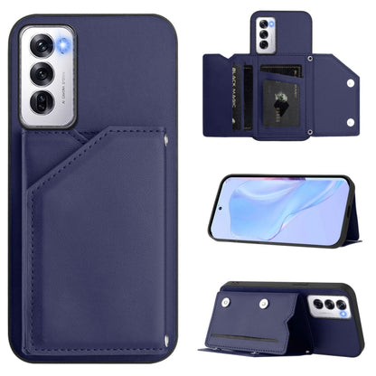 Navy leather-style phone case with wrist strap and four card slots