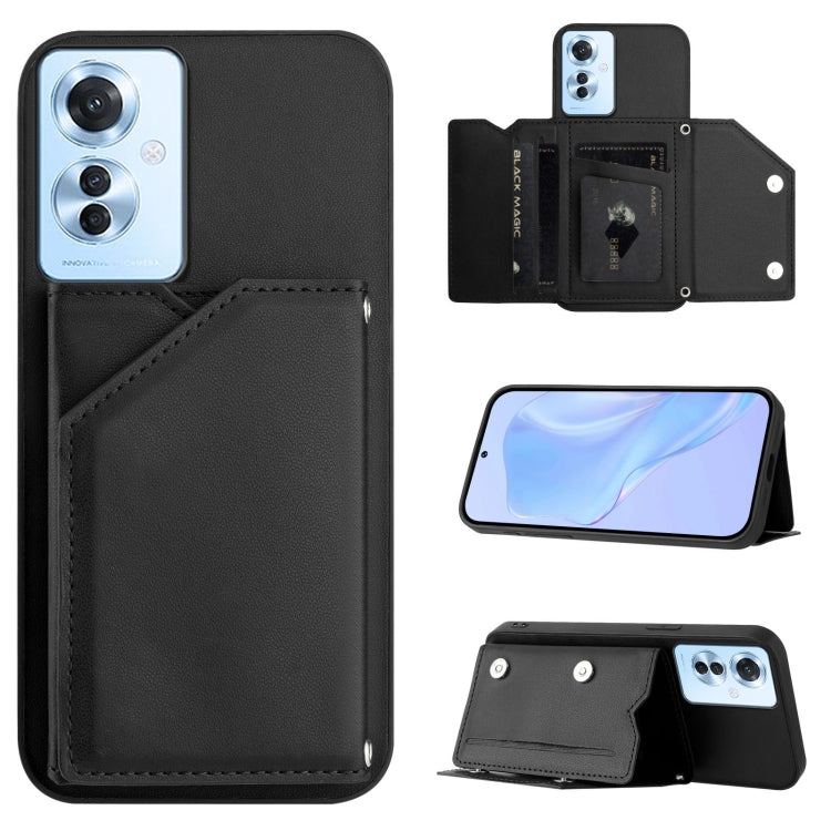 Black phone case with card slots and wrist strap, folio flap with stand