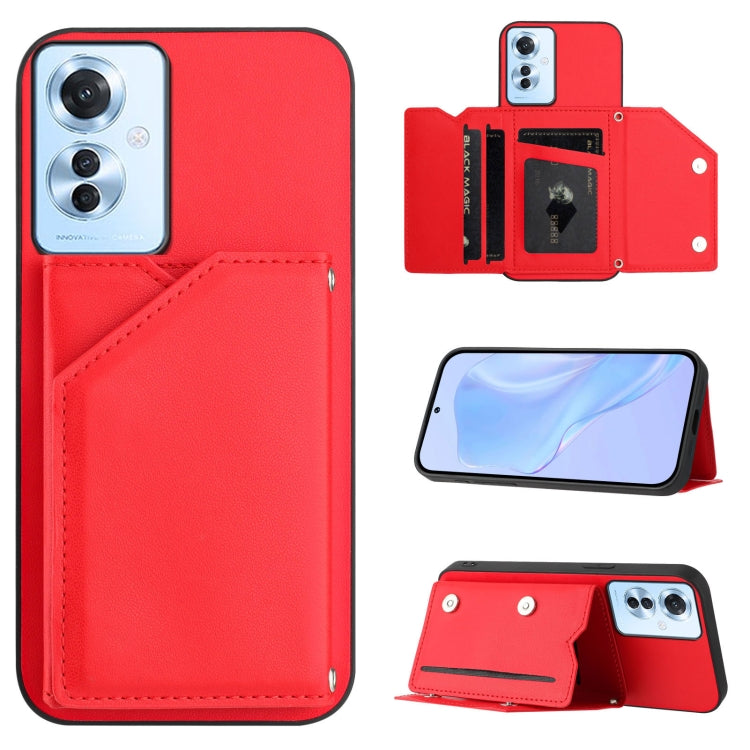 Red phone case with card slots and wrist strap, folio flap with stand