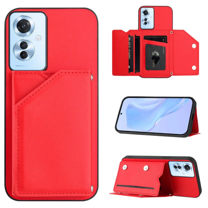 Red phone case with card slots and wrist strap, folio flap with stand