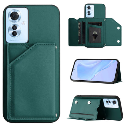 Green phone case with card slots and wrist strap, folio flap with stand