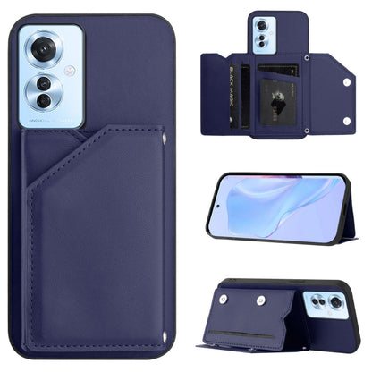Dark blue phone case with card slots and wrist strap, folio flap and stand