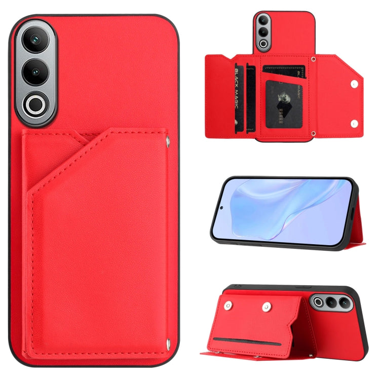 Red skin-feel wallet phone case with four card slots and wrist strap