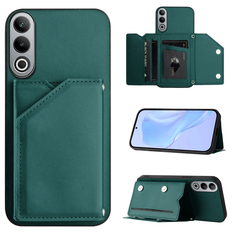 Green skin-feel wallet phone case with four card slots and wrist strap