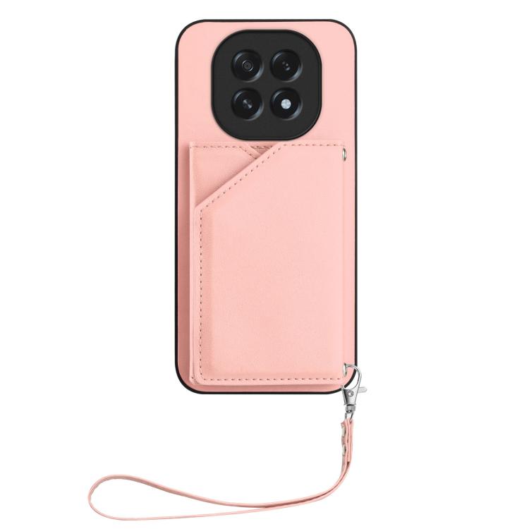 Pink leather-style phone case with card holder and wrist strap, front cover closed
