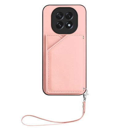 Pink leather-style phone case with card holder and wrist strap, front cover closed
