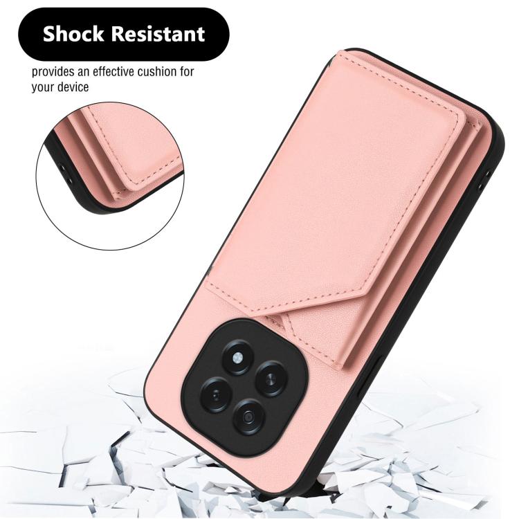 Pink wallet-style phone case with card slot flap and cushioned phone frame