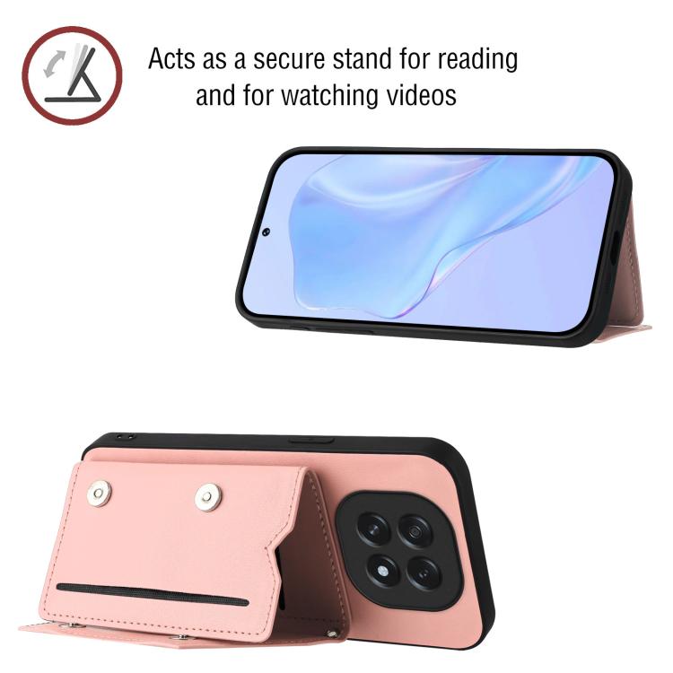Pink phone case with kickstand flap and card slot, for landscape video viewing