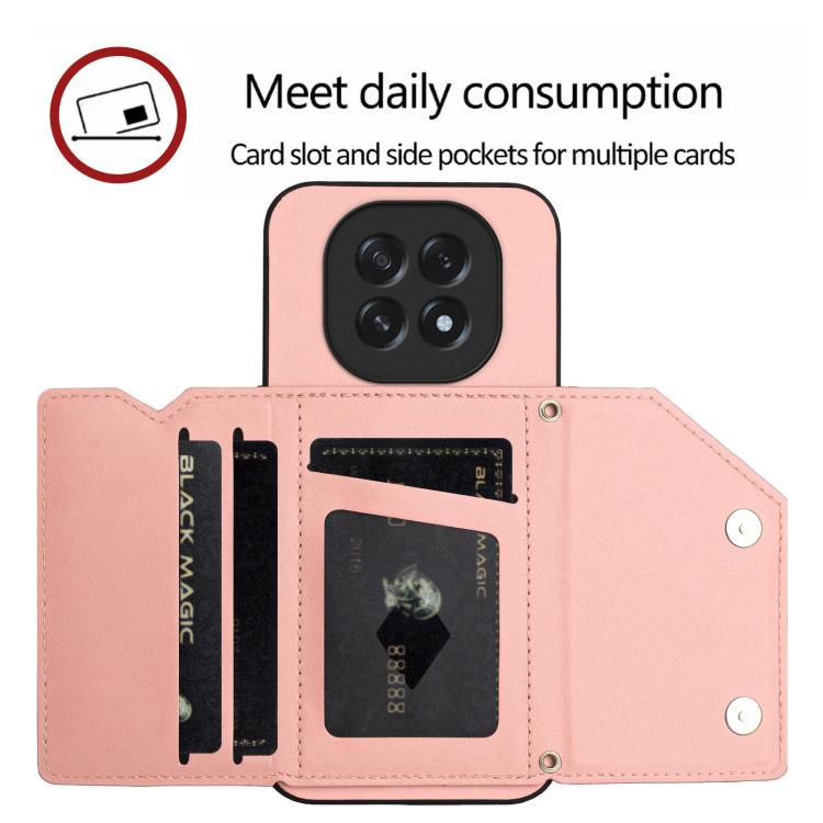 Pink phone case wallet with card slots and side pockets, snap-button card holder