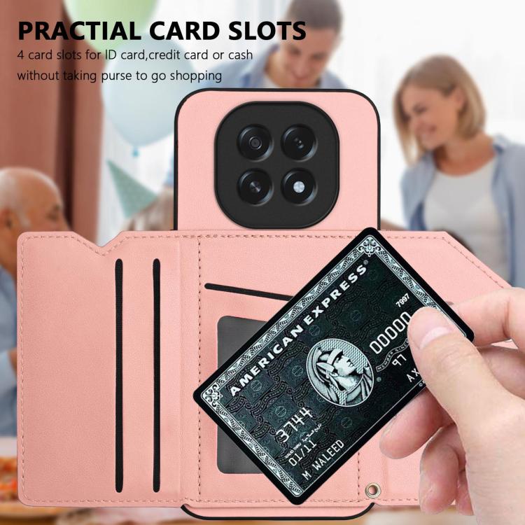 Pink phone case wallet with 4 card slots and side pockets, with snap closure