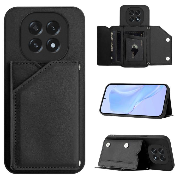Black phone case with card slots, wallet flap, and wrist strap for touchscreen phones