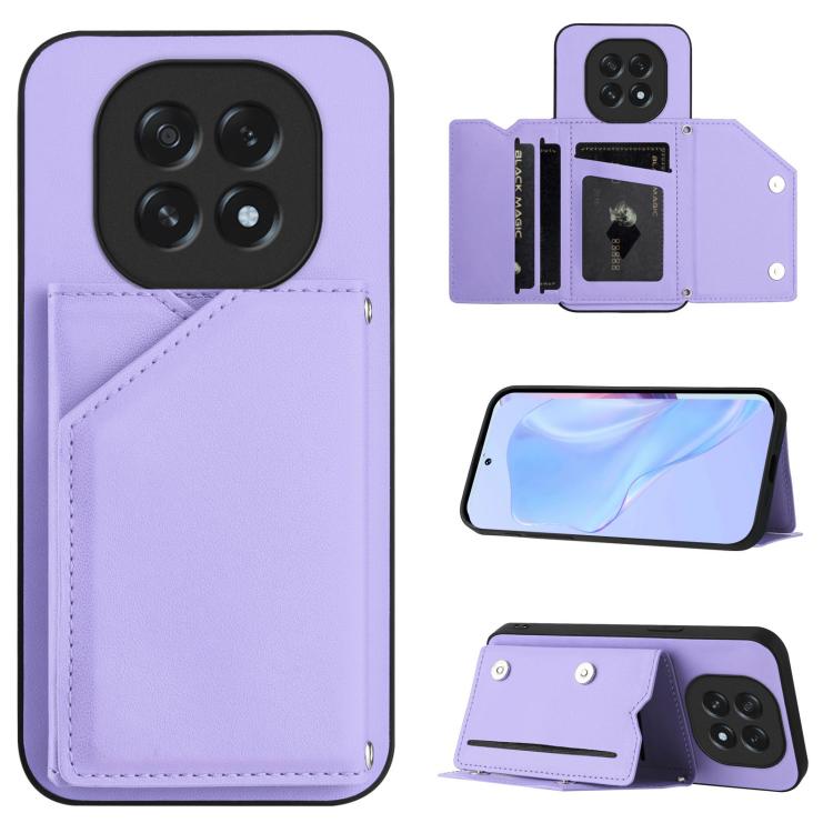 Leather-style phone case with four card slots and wrist strap, light purple