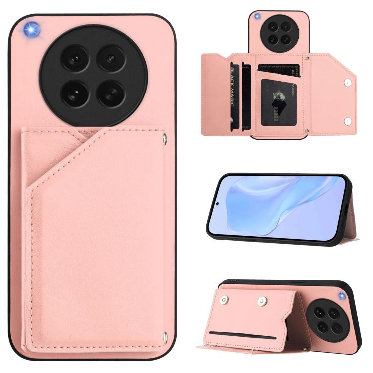 Leather-style phone case with four card slots and wrist strap, pink